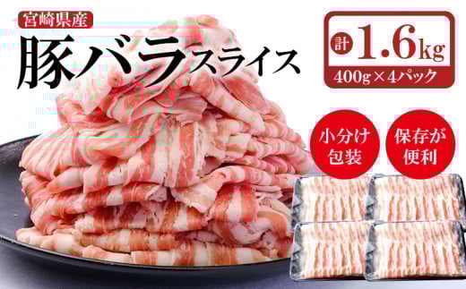 宮崎県産豚肉バラスライス1.6kg 小分け400g×4パック しゃぶしゃぶ用＜1.3-18＞★