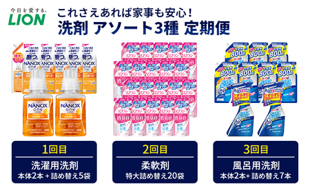 洗剤 アソート3種（定期便全3回）NANOX one スタンダード ソフランPSフローラルツメカエのみ ルックプラス バスタブクレンジング 洗濯洗剤 柔軟剤 お風呂 掃除 抗菌 除菌 詰め替え 定期便 市原市