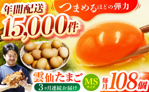 【全3回定期便】雲仙たまご MSサイズ108個(100個＋割れ補償8個入り) 長崎県/塚ちゃん雲仙たまご村 [42ACAE023] 卵 玉子 タマゴ 鶏卵 長崎 島原 九州 3ヶ月 3か月