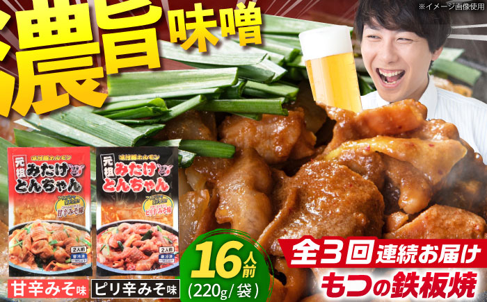 
                  【3回定期便】岐阜県産豚もつの鉄板焼き「元祖みたけとんちゃん」甘辛＆ピリ辛 各4袋（16人前） / モツ もつ 白もつ ホルモン / 御嵩町 / 藤よし [AVAA015]
                