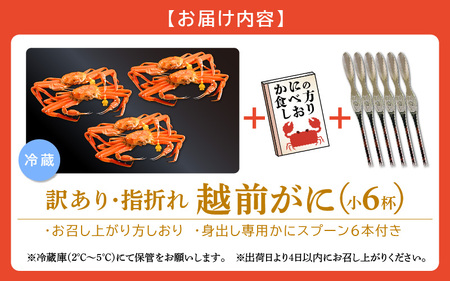【訳あり】≪浜茹で≫指折れ 越前がに（小） × 6杯 【11月発送分】 食べ方しおり かにスプーン付き【雄 ズワイガニ ずわいがに 越前ガニ 姿 ボイル 冷蔵 福井県】希望日指定可 備考欄に希望日をご