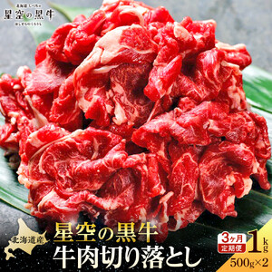 【3か月 定期便】北海道産 星空の黒牛 牛肉切り落とし 約1kg（500g×2）|  牛肉切り落とし
