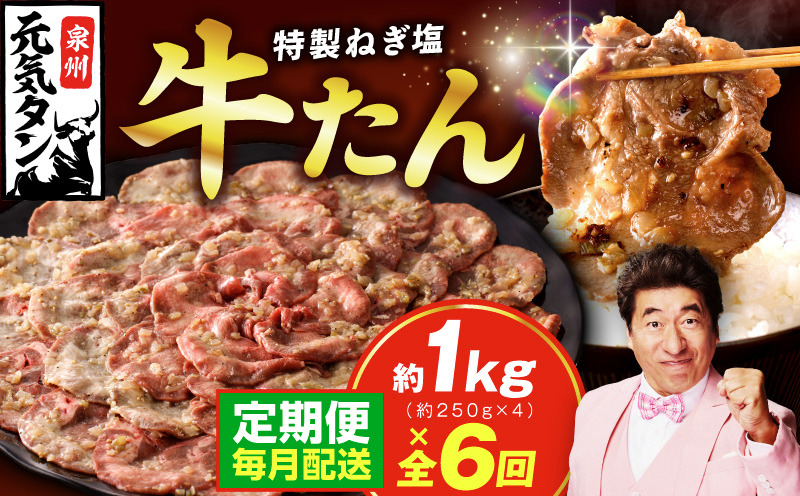 G4737 【定期便】 特製 牛たん 1kg 全6回【毎月配送コース 小分け 250g×4P ねぎ塩 牛タン 牛肉 焼肉用 薄切り 訳あり サイズ不揃い】