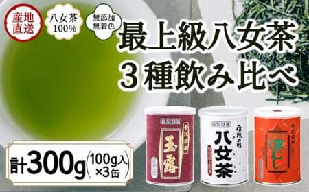 八女茶100％ 高級缶詰茶 3種 (玉露・高級煎茶・高級深むし茶) 100g×３缶＜岩崎園製茶＞　075-019