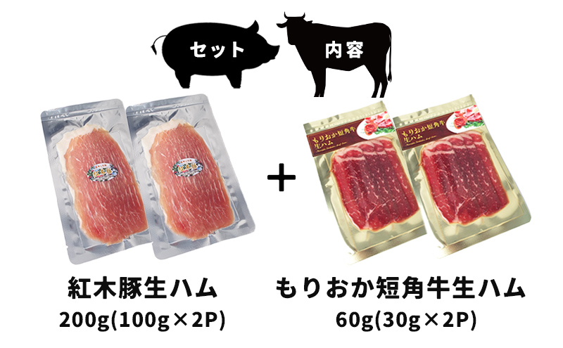 肉専門レストラン「パイオニアファーム」もりおか短角牛生ハム60gと紅木豚生ハム200g 生ハムセット 和牛 短角牛 国産 牛肉 豚肉 盛岡市産 贈り物 おつまみ サラダ パーティ 家飲み お土産 手土