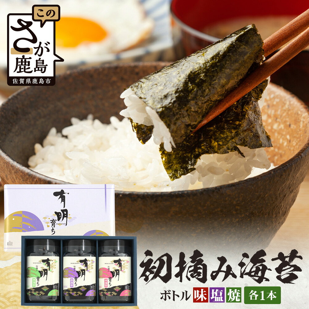 【ふるさと納税】【初摘み海苔】佐賀のり 有明育ち ボトル3種（塩・味・焼）×各1本 各48枚入り | 海苔 のり 厳選 有明 佐賀 ノリ 一番詰み 味 塩 味 焼 ボトル入 贈答 贈り物 佐賀県 鹿島市 A-235