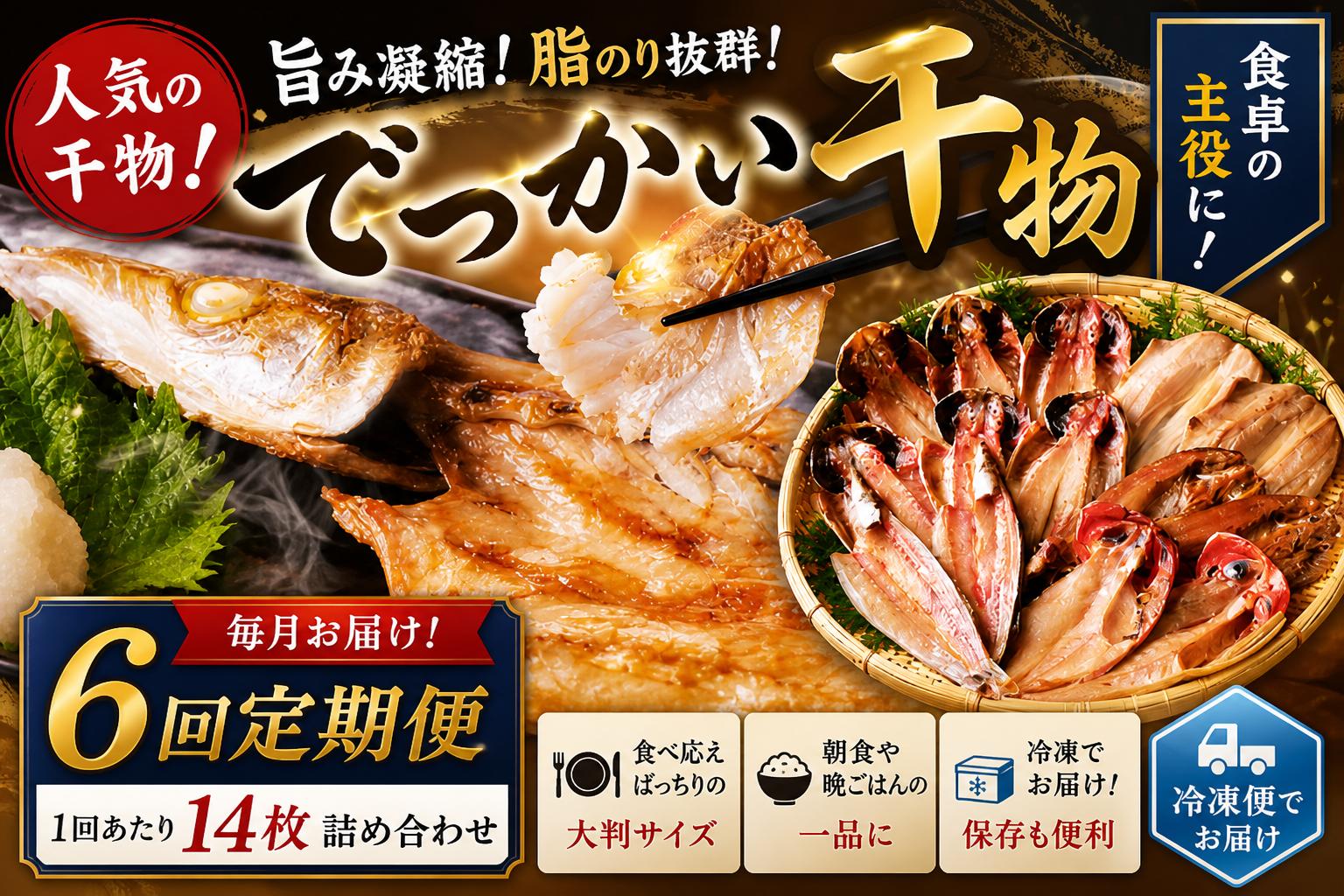 
大島水産の「でっかい干物詰合せ定期便」（年6回）
