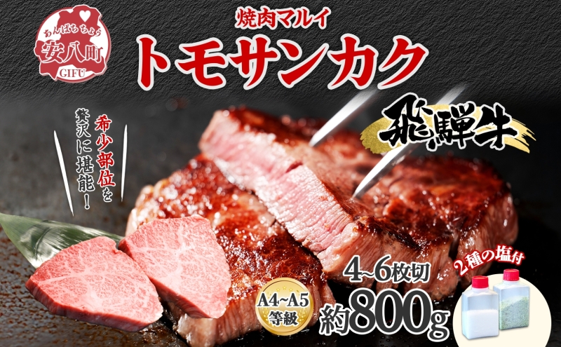 飛騨牛 トモサンカク ステーキ 約800g 4～6枚切り 肉 牛肉 和牛 ブランド牛 お肉 ビーフ A4ランク A5ランク 国産 お取り寄せ ご褒美 豪華 グルメ 焼肉 BBQ パーティー ギフト 人気 贈り物 自家用 贈答用 御礼 プレゼント 送料無料 焼肉マルイ 岐阜県 安八町