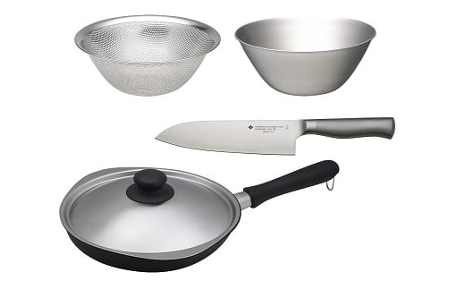 キッチンナイフ18cm & マグマプレート加工フライパン25cm (蓋付き) & ボウル・パンチング19cm FC036013