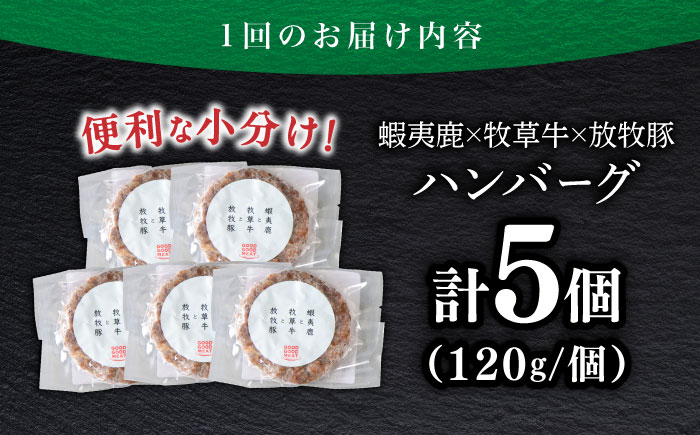 【全2回定期便】【蝦夷鹿×牧草牛×放牧豚】ハンバーグ 5個 《厚真町》【GOODGOOD株式会社】 ハンバーグ 鹿肉 牛肉 豚肉 小分け 冷凍配送 北海道 [AXBP018]