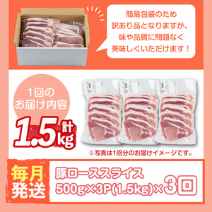 s603-A 【毎月・定期便3回】＜訳あり＞鹿児島県産豚ローススライス(計4.5kg・500g×3P×3回)  豚肉 ロース スライス 小分け 国産 しゃぶしゃぶ 生姜焼き 鹿児島 お肉 ポーク 真空