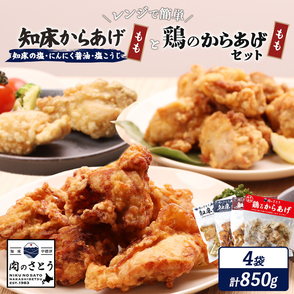 【ふるさと納税】【レンジで簡単】知床からあげ【知床の塩・にんにく醤油・塩こうじ】もも肉と鶏のからあげ850gセット | 唐揚げ 全4種 知床の塩 にんにく 醤油 麹 鶏 レンチン 冷凍食品 時短 ザンギ 惣菜 北海道 中標津町 中標津【35004AA0101】