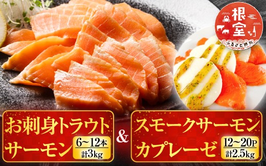 
            E-09006 お刺身トラウトサーモン6～12本(計3kg)＆スモークサーモンカプレーゼ12～20P(計2.5kg)
          