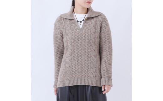 ルーエンローズ カシミヤ アラン柄ポロ衿プルオーバー（ブラウン） ニット ファッション おしゃれ 日本製 秋 冬 プレゼント ギフト RU2311-20