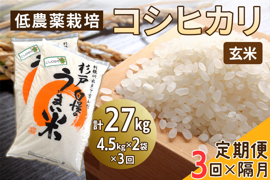 低農薬栽培 コシヒカリ 玄米 2ヶ月に1回定期便（全3回）＜計27kg（4.5kg×2袋×3回）＞