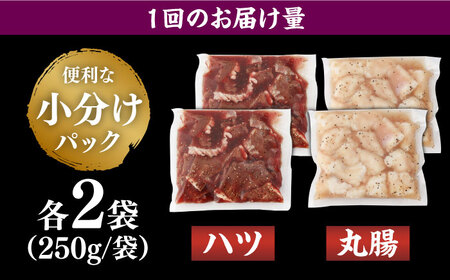 【全6回定期便】【塩だれ】九州産和牛 ホルモン 2種 計1kg（ ハツ 250g×2袋・ 丸腸 250g×2袋） 長与町/岩永ホルモン [EAX144]国産 牛肉 ミックス 小分け 味付き 冷凍 焼肉