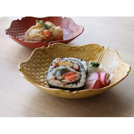 有田焼 レリーフ地紋彫 プレート 黄交趾 1枚 山忠 和食器 深皿 食器 うつわ ハレの日 お正月 黄色 黄 きいろ A60-80_イメージ3