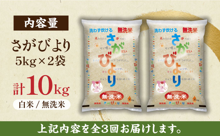 【毎月お届け！】【全3回定期便】無洗米さがびより 白米 計30kg（5kg×2袋×3回）/ 佐賀米 コメ おこめ ごはん / 佐賀県 / 株式会社JA食糧さが [41ADAR010]