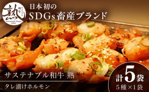 サステナブル和牛 熟 ホルモン タレ漬けシリーズ5P（もつ・レバー・ハツ・センマイ・ミックス）| 牛肉 和牛 黒毛和牛 熟成 タレ漬け セット 冷凍 小分け バーベキュー 国産 島根県雲南市/株式会社熟豊ファーム [AIAT002]