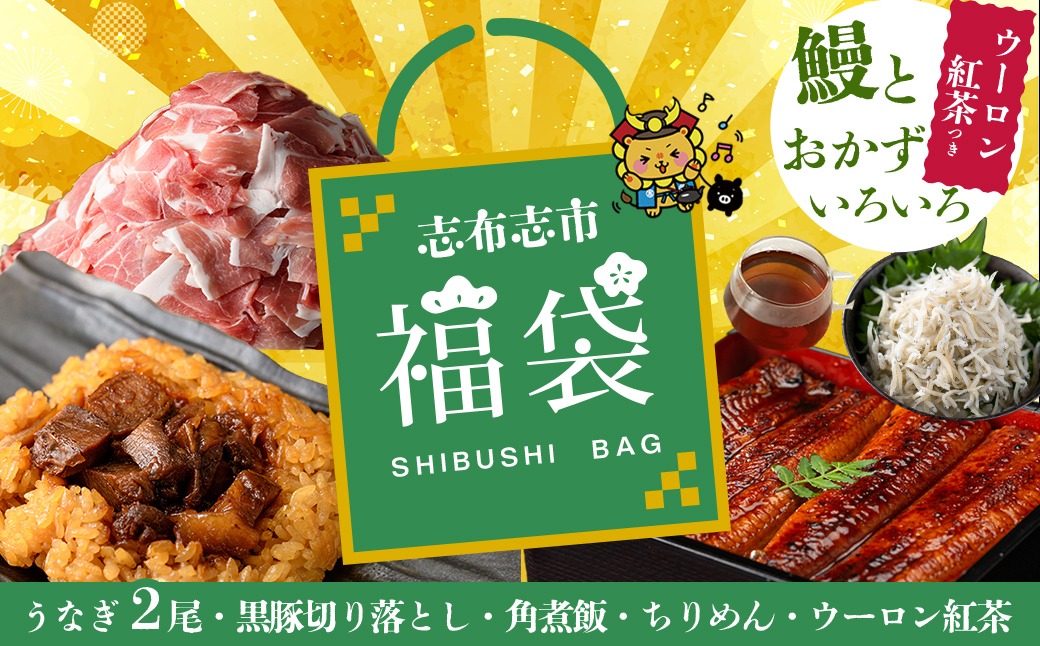 志布志市福袋！鰻とおかずいろいろセット(霧島湧水鰻2尾＆釜揚げちりめん＆黒豚ウデ切り落とし＆ウーロン紅茶＆角煮飯) b8-034