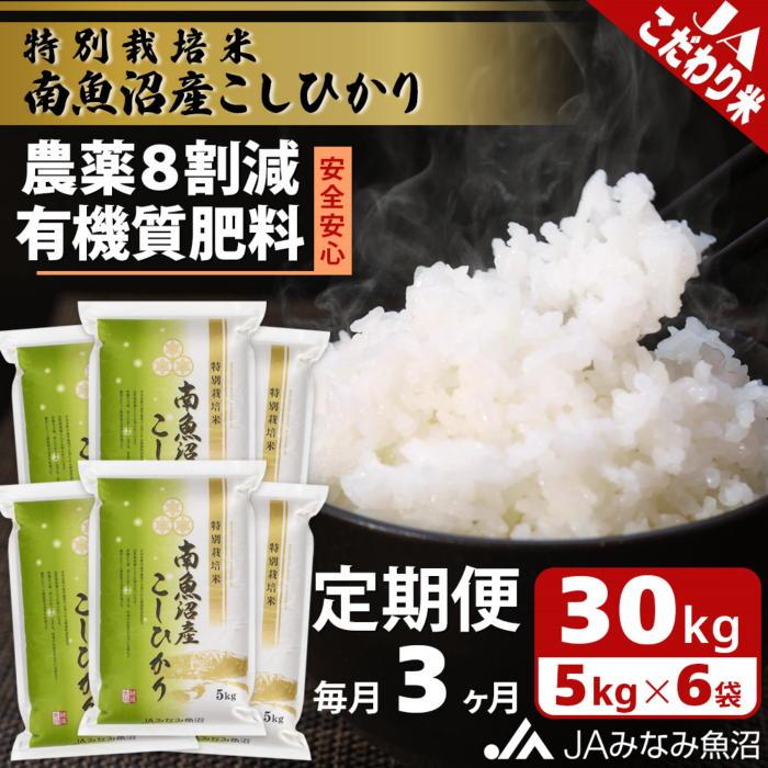 【ふるさと納税】【JAみなみ魚沼定期便】特別栽培米南魚沼産こしひかり8割減（30kg×全3回） ≪精米 農薬8割削減 有機肥料 精米HACCP認定工場 特A獲得日本一産地 高品質精米 もっちり甘い 南魚沼産コシヒカリ 定期便 コシヒカリ こしひかり 銘柄米≫