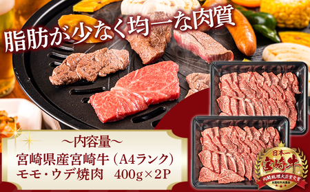 宮崎牛モモ・ウデ焼肉800g_AC-2603_(都城市) 牛肉 宮崎牛 A4ランク ４等級 モモ ウデ 焼肉 400g×2パック 計800グラム 低カロリー 冷凍