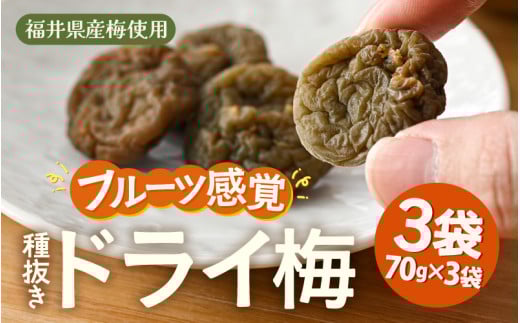 フルーツ感覚！福井県産 梅のおやつ 種ぬきドライ梅 計210g（70g × 3袋）【食べやすい ドライフルーツ 種なし 国産梅 干し梅 おやつ 梅干し ギフト 母の日 父の日 敬老の日】 [e78-a003]