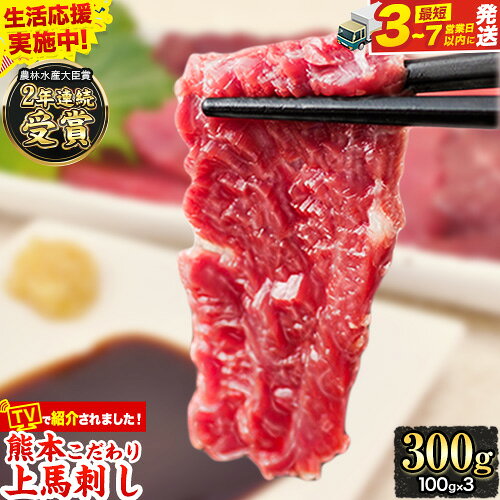 【ふるさと納税】＼期間限定 生活応援／★TVで紹介されました★馬刺し 上赤身 ブロック 国産 熊本肥育 冷凍 生食用 たれ付き(10ml×3袋) 100g×3セット 肉 ヘルシー 馬肉 平成27年28年 農林水産大臣賞受賞 熊本県玉東町《3-7日以内に出荷予定(土日祝除く)》送料無料 馬肉