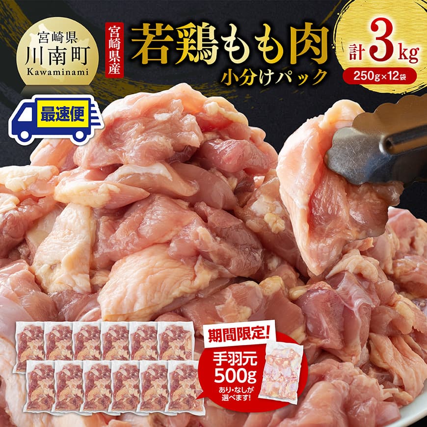 【ふるさと納税】※レビューキャンペーン※ 【手羽元500gあり・なしが選べる】【発送月が選べる】【小分け】宮崎県産若鶏　もも肉計3kg（250g×12袋） - 肉 鶏 鶏肉 国産 モモ もも 若鳥 九州産 鳥 唐揚げ 小分け 使いやすい 便利 手羽元 F0904 C00902