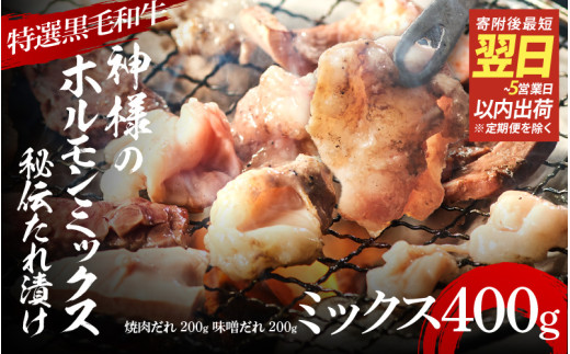 【 スピード発送 】【 特選 黒毛和牛 】 神様のホルモンミックス 秘伝たれ漬け 400g（焼肉だれ1p＋味噌だれ1p）