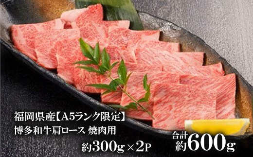 福岡県産【A5ランク限定】博多和牛 肩ロース 焼肉用 600g(300g×2P)冷凍【配送不可地域：離島】
