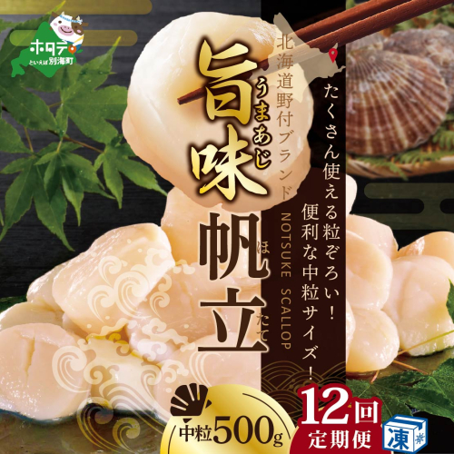 ★NA【毎月12ヶ月定期便】北海道 野付産 冷凍ホタテ 貝柱旨粒（3Sサイズ）ホタテ500ｇ