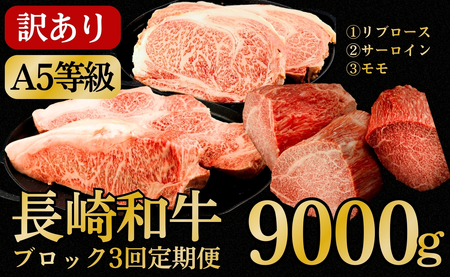 《定期便》[訳あり限定]長崎和牛A5ランクブロック食べ比べ【3回お届け】