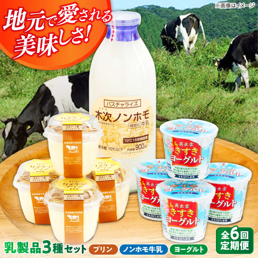 【ふるさと納税】【全6回定期便】プリン 朝食やおやつに！プリン・ヨーグルト・ノンホモ牛乳 乳製品3種セット 詰め合わせ 詰合せ 食べ比べ 飲み比べ お取り寄せ グルメ 人気 おすすめ スイーツ デザート 6ヶ月 6回 6カ月 定期便 島根県雲南市/木次乳業有限会社[AIBH005]