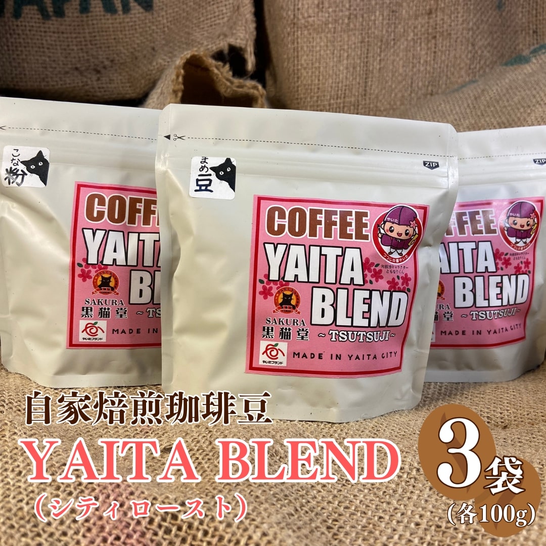 【ふるさと納税】[やいたブランド認証品] 自家焙煎珈琲豆 YAITA BLEND《TSUTSUJI》(シティロースト) 100g×3袋｜SAKURA黒猫堂 珈琲 焙煎 コーヒー豆 矢板市 やいたブランド [0644-0646]