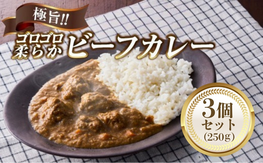 極旨！柔らか牛ヒレ肉ゴロゴロ贅沢ビーフカレー3食セット　ごろっと食感 本格カレー 牛肉 ヒレ肉 牛ヒレ肉 国産牛 ビーフカレー ごろごろ 柔らか 濃厚 旨みたっぷり カレー 牛ヒレカレー ヒレ肉カレー
