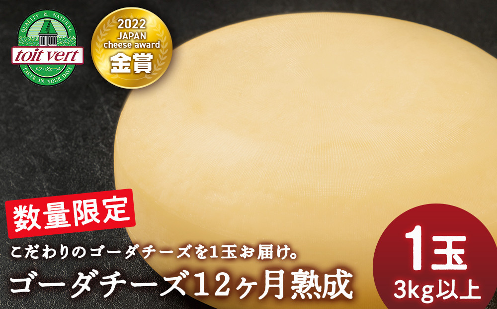 
            【数量限定】ゴーダチーズ１２ヶ月熟成　３ｋｇ以上１玉丸ごと	
          