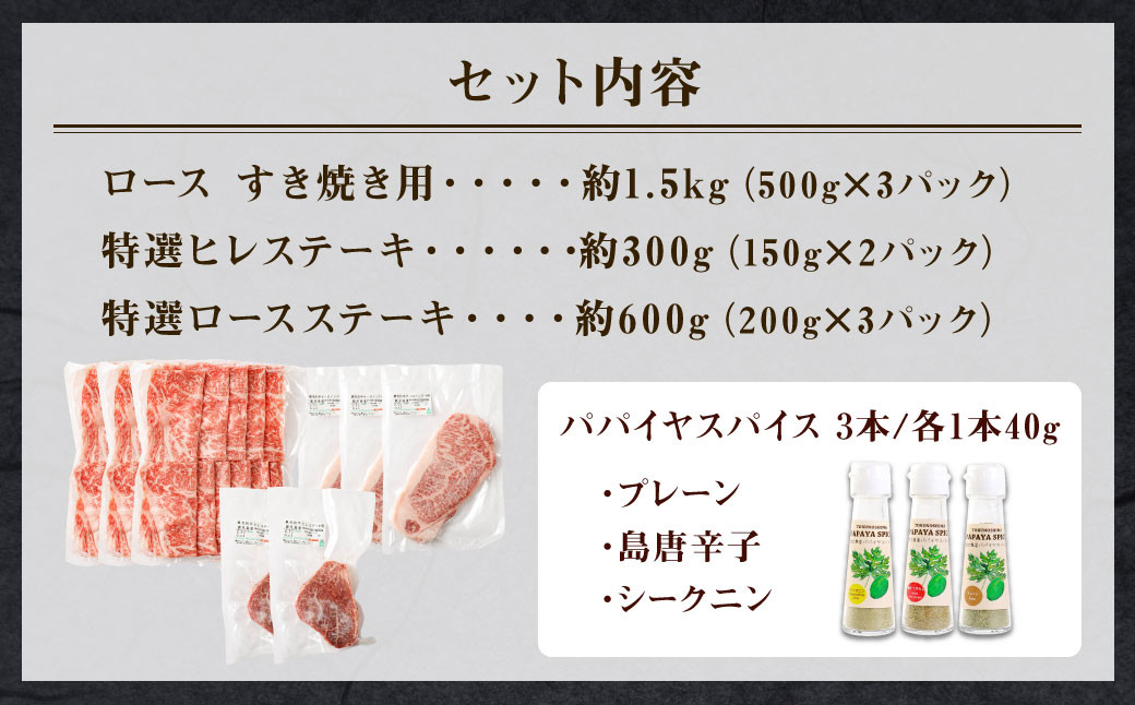 鹿児島黒牛 すき焼き＆ステーキセット（合計 約2.4kg） 3種のパパイヤスパイス付き