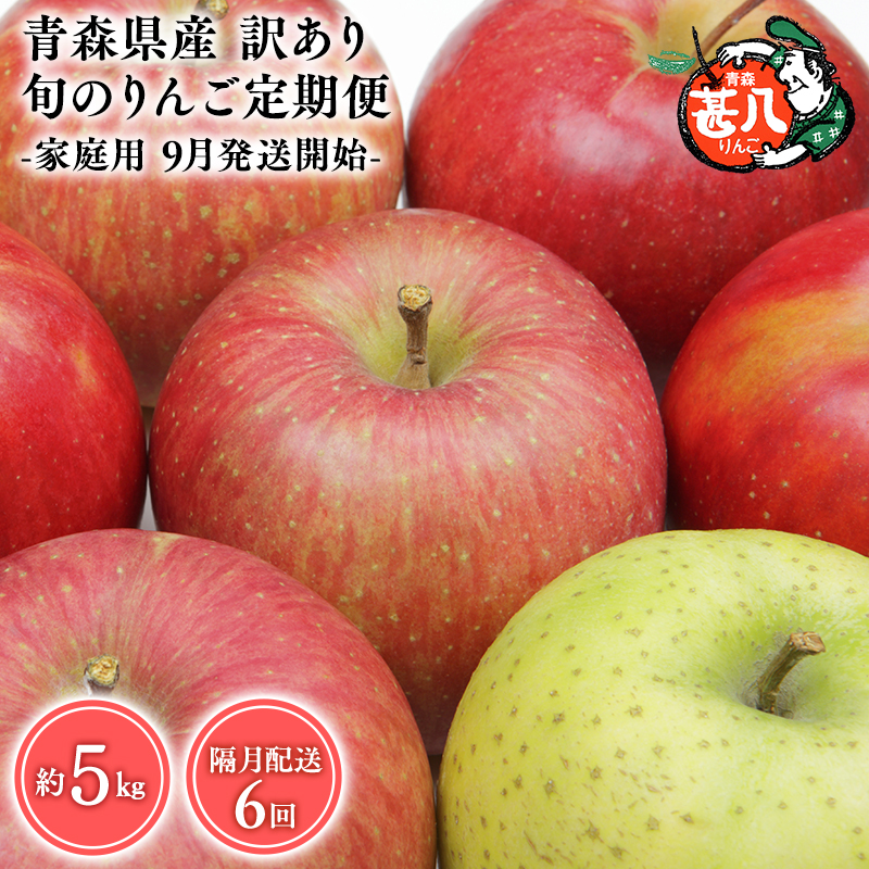 【9月発送開始】隔月配送　定期便６回　訳あり　家庭用　甚八りんご　5kg　【マルジンサンアップル　9月　11月　1月　3月　5月　7月　　青森県産　平川市　りんご　5kg　訳あり　家庭用】
