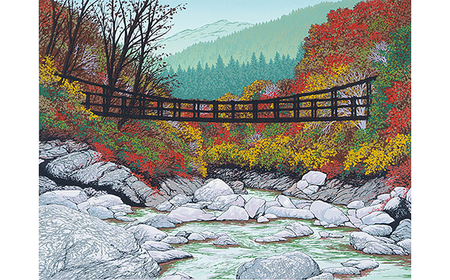 「かずら橋と剣山」  【 版画 額付 小川手漉和紙 小暮真望 東松山 埼玉県 】