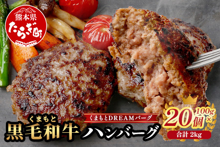 くまもと黒毛和牛 DREAMバーグ 100g×20個 【計2kg】 生 ハンバーグ 牛肉 100％ ブランド牛 黒毛 和牛 お弁当 熊本 上質 肉 惣菜 冷凍 小分け 熊本県 113-0541