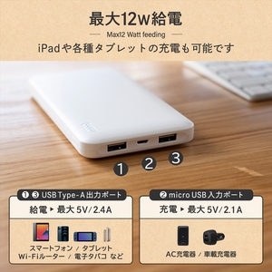 iPhone スマホ 急速充電 大容量 10,000mAバッテリー OWL-LPB10005-WH