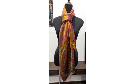 墨流し染 シルク スカーフ (秋色微粒子) ／ 染美堂 一点物 絹 現代風 アート サテン織 贈り物 上品 奈良県 葛城市  【snbd017】