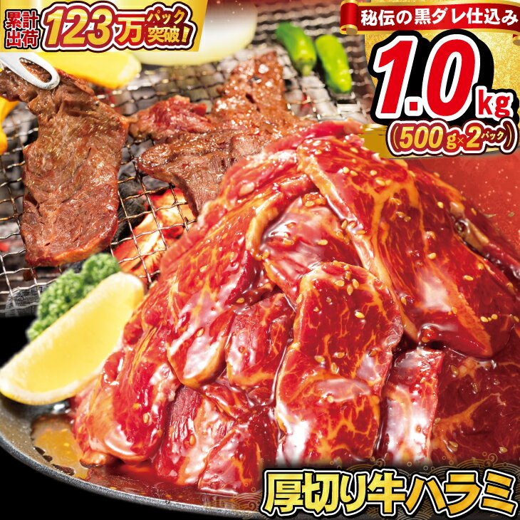 【ふるさと納税】厚切り牛ハラミ 1kg（500g×2P） ハラミ 秘伝 黒たれ 焼肉 定番 人気 BBQ バーベキュー おつまみ 味付け ジューシー お肉讃歌 花巻市