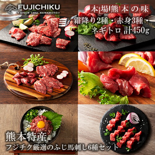 【ふるさと納税】ふじ馬刺し フジチク 熊本肥育 熊本と畜 新鮮 大トロ 中トロ ヒレ シャトーブリアン ランプ 上赤身 赤身 各80g ネギトロ50g 馬刺し 馬肉 450g 専用タレ ショウガ付き 冷凍 真空パック ISO22000取得 UKAS認証 牧場直送 ギフト 送料無料【地場産品：類型8ハ】