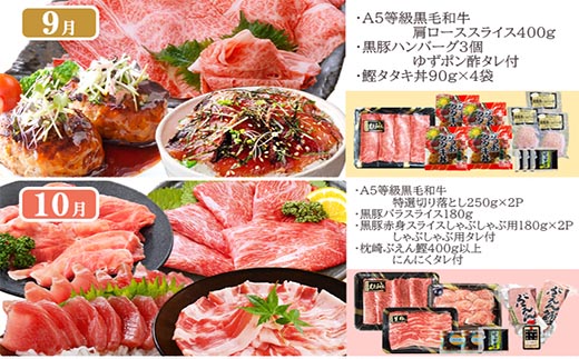 定期便(12回配送)お楽しみ便(A5等級黒毛和牛・黒豚・かつお・まぐろ・さつまあげ等)JJ-6002【1166755】 _ ふるさと納税 定期便 牛肉 豚肉 しゃぶしゃぶ ステーキ ハンバーグ まぐろ