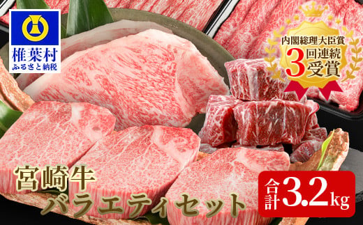 受賞歴多数!! ≪宮崎牛≫ お楽しみバラエティセット【合計3.2kg】【ステーキ・焼肉・すき焼き・しゃぶしゃぶ 】送料無料 宮崎県 椎葉村 秘境 国産 宮崎県産 ブランド牛 牛肉 牛 和牛 肉 ロース ヒレ 肩ロース モモ うで ばら スネ 牛丼 うまい 美味しい おすすめ おかず 多用途 ギフト 贈り物 プレゼント 祝い パーティー 誕生日 記念日 お土産 敬老 お中元 お歳暮【MT-60】