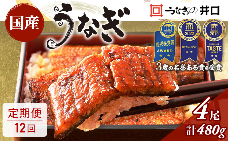 うなぎ 定期便 12回 国産 鰻 うなぎの井口 長蒲焼 4尾 セット 詰め合わせ ITI優秀味覚賞受賞 土用の丑の日 丑の日 ギフト 蒲焼 静岡 惣菜 ウナギ 魚 魚介類 魚介 冷蔵配送 スタミナ 山椒付き 配送不可：離島 【2026年1月15日以降順次発送】