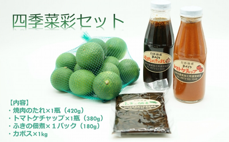 
            【四季菜彩】臼杵産かぼすと手作りケチャップ・焼肉のたれ・ふき佃煮のセット　
          