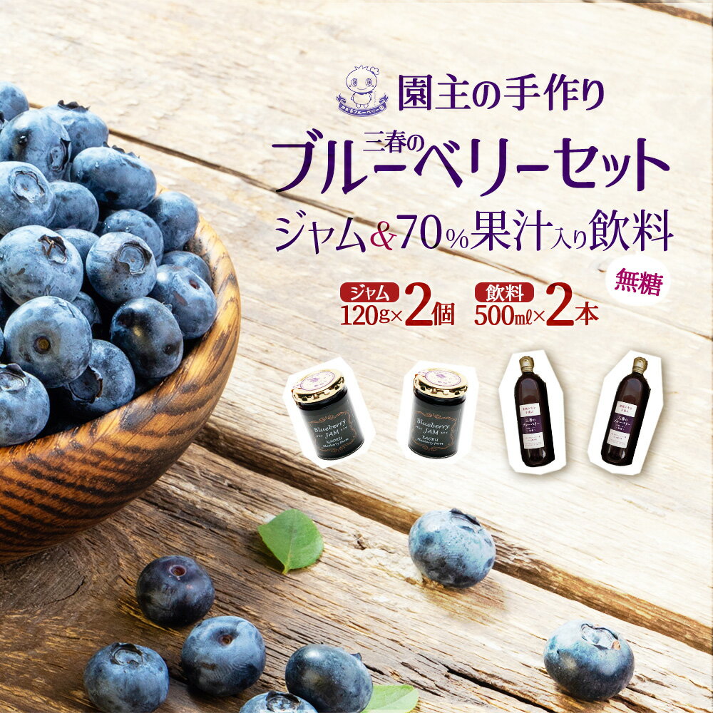 【ふるさと納税】ブルーベリー70%果汁入り飲料（無糖）500ml×2本とジャム120g×2本セット　【福島県三春町　かおるブルーベリー園産使用】福島県 三春町 果物 おやつ デザート 飲料 ジュース 国産 お中元 夏 ギフト プレゼント 贈り物 贈答【07521-0153】